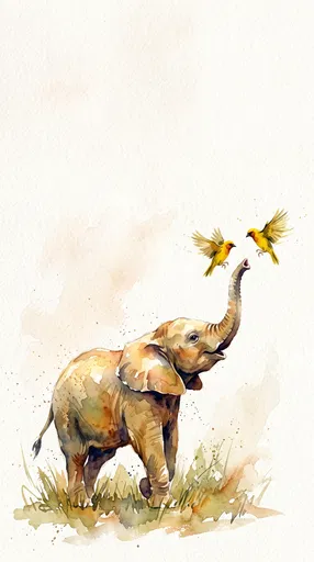 Watercolor Baby Elephant and Yellow Birds