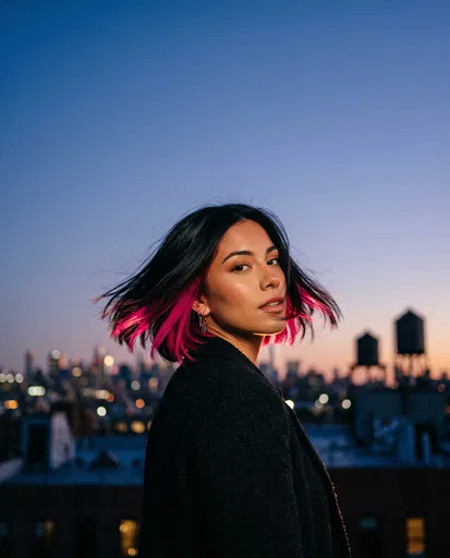 Woman with Pink Underlights on Dusk Rooftop