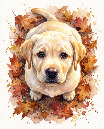 Watercolor Yellow Labrador Puppy in Autumn Leaves