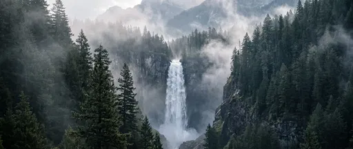 Misty Mountain Waterfall in Pine Forest