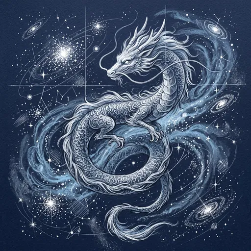 Celestial Dragon Chalk Drawing on Navy Paper