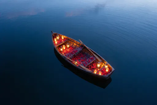 Wooden Rowboat With Lanterns and Rose Petals