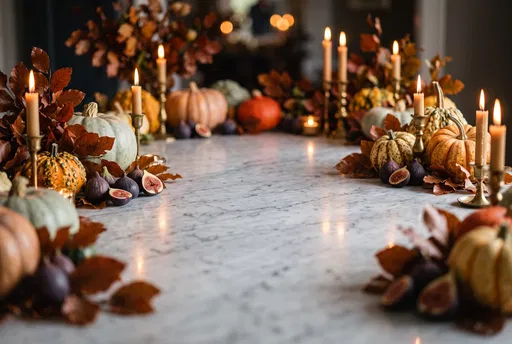 Autumn Marble Tabletop With Gourds and Candles