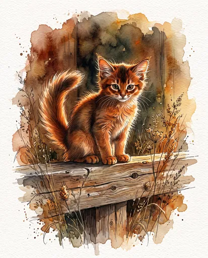 Watercolor Somali Kitten on Wooden Beam