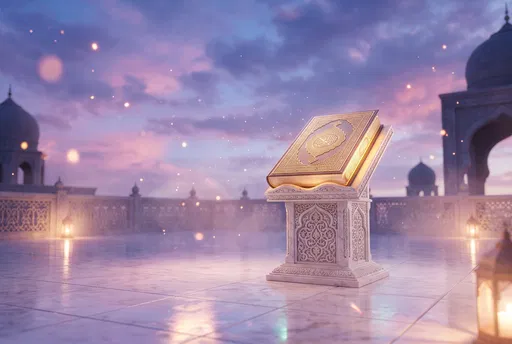 Ornate Glowing Quran on Marble Pedestal