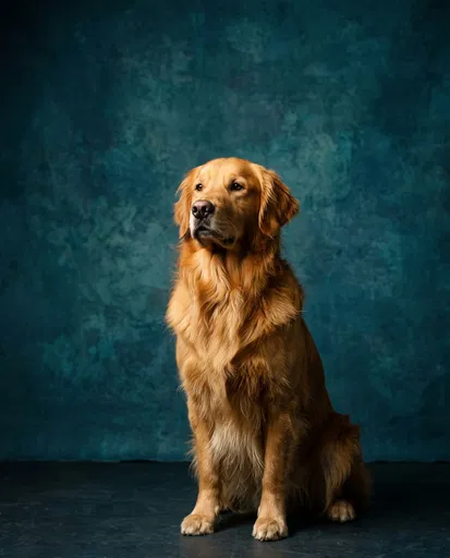 Golden Retriever Portrait on Teal Studio Backdrop