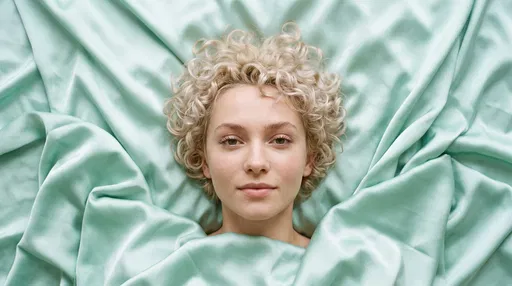 Blonde Woman Lying on Mint Silk