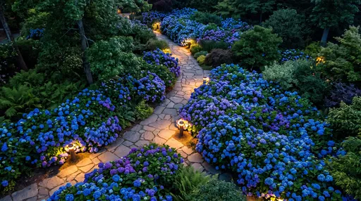 Illuminated Hydrangea Garden Path at Twilight