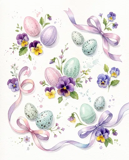 Watercolor Easter Eggs and Spring Pansies