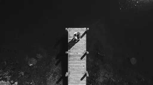 Aerial Black and White Couple on Dock