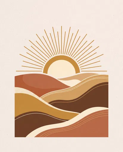 Minimalist Boho Sunburst Over Rolling Hills