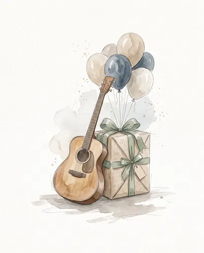 Watercolor Acoustic Guitar Gift and Balloons