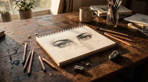 Pencil Sketch of Eyes on Artist Desk