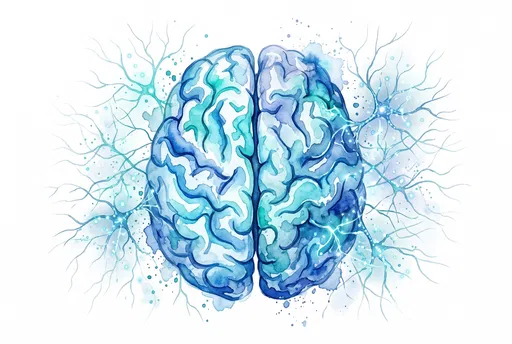 Blue Watercolor Brain With Glowing Synapses