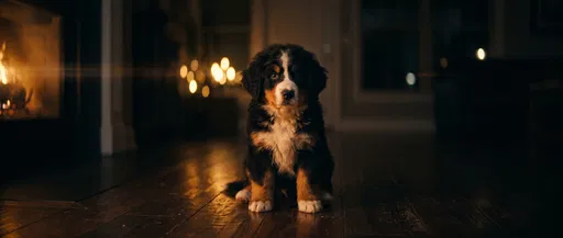 Bernese Mountain Dog Puppy by Fireplace