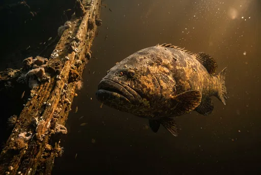 Goliath Grouper Near Underwater Shipwreck Beam