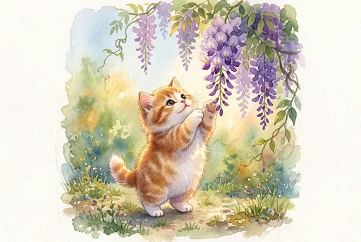 Watercolor Ginger Kitten Reaching for Wisteria