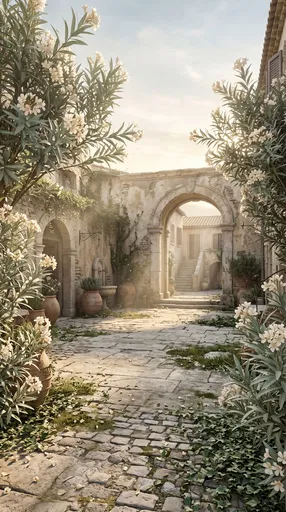 Sunlit Mediterranean Courtyard With White Oleanders