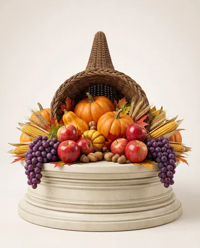 Thanksgiving Cornucopia Display on Cream Pedestal