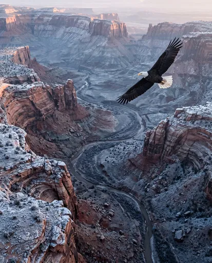 Bald Eagle Gliding Over Frosty Canyon