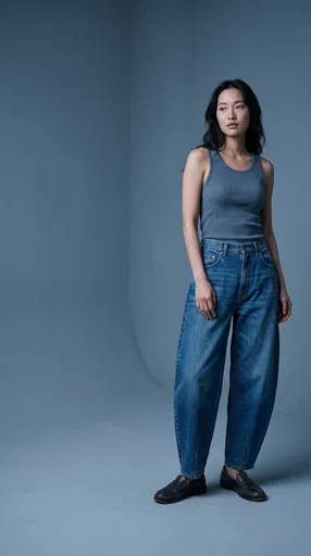 Woman Wearing Barrel Leg Jeans in Studio