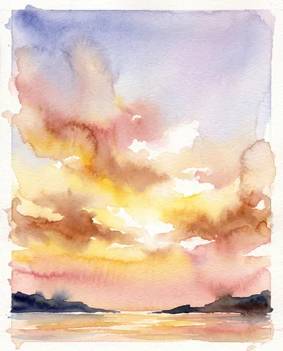 Watercolor Coastal Sunset Landscape Painting