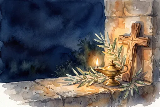 Watercolor Cross and Oil Lamp on Sill