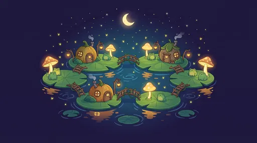 Cute Frog Lily Pad Village Night Wallpaper