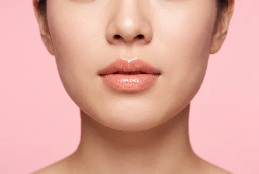 Close-Up of Glossy Peach Lips