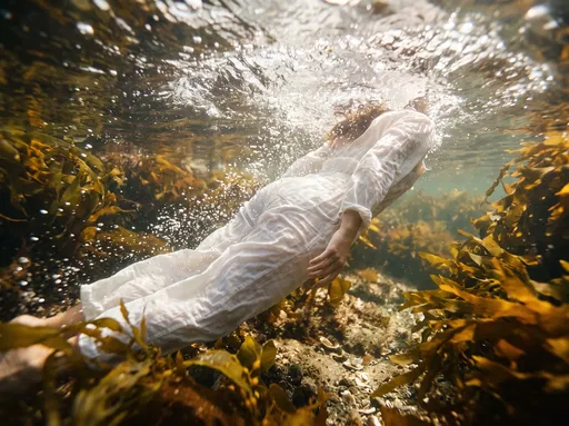 Swimmer in White Jumpsuit Among Kelp