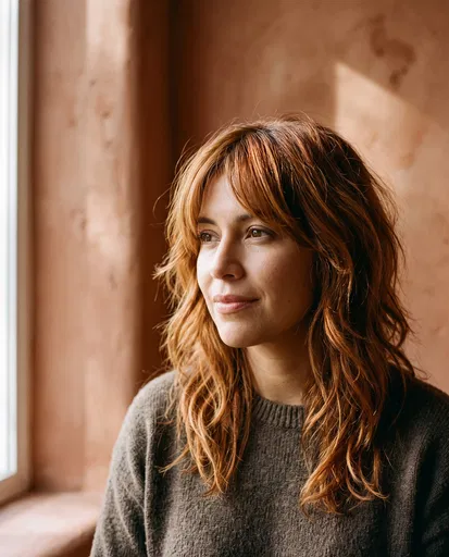 Woman With Auburn Shag Haircut by Window