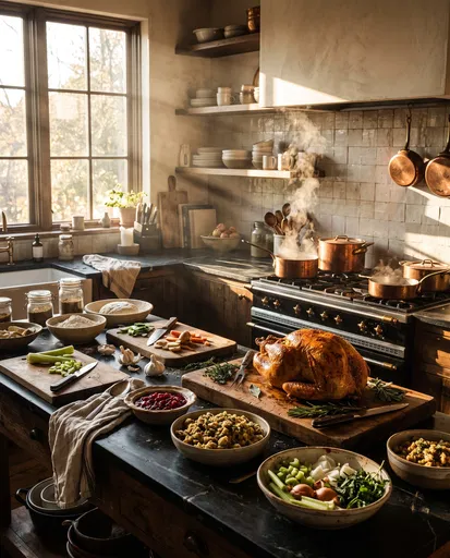 Thanksgiving Meal Prep in Sunlit Rustic Kitchen