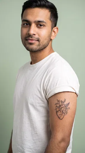 Man With Botanical Heart Bicep Tattoo