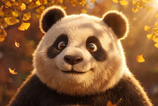 Smiling 3D Panda in Autumn Sunlight
