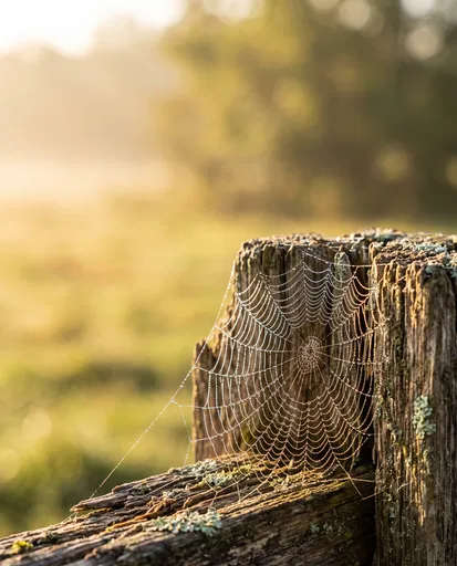 Dewy Spider Web on Rustic Fence