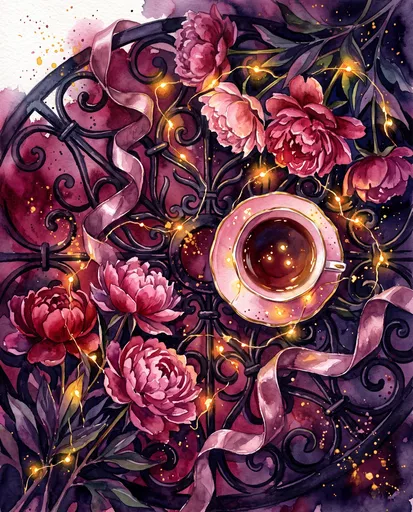 Watercolor Teacup and Peonies on Iron Table