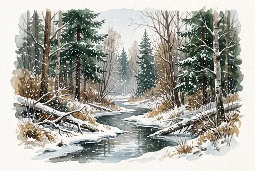 Watercolor Winter Woodland Stream in Snow