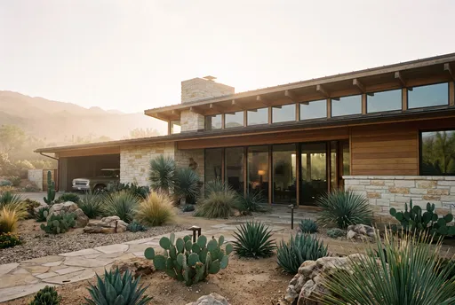Mid-Century Modern Desert Ranch House at Sunrise