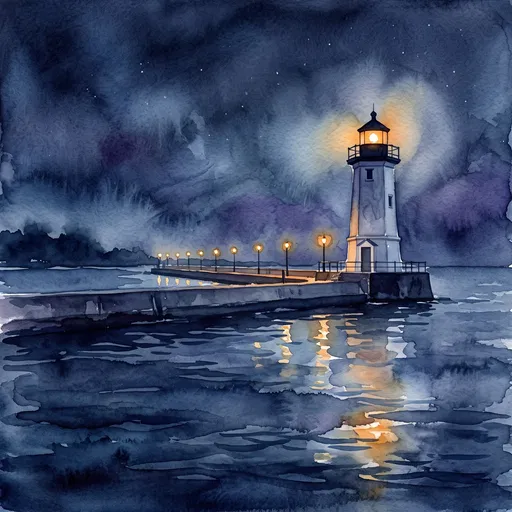 Watercolor Lighthouse on Pier at Night