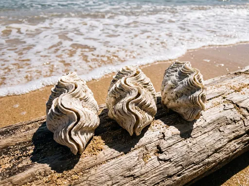Three Fluted Clam Shells on Driftwood