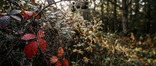 Dew-Covered Spiderweb on Autumn Blackberry Brambles