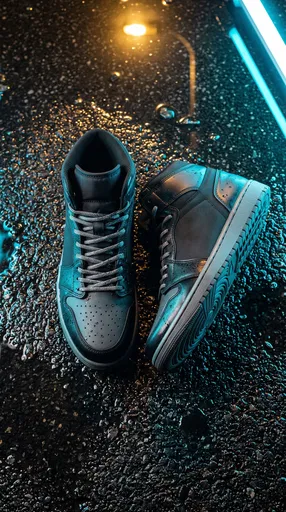 Black High-Top Sneakers on Wet Asphalt