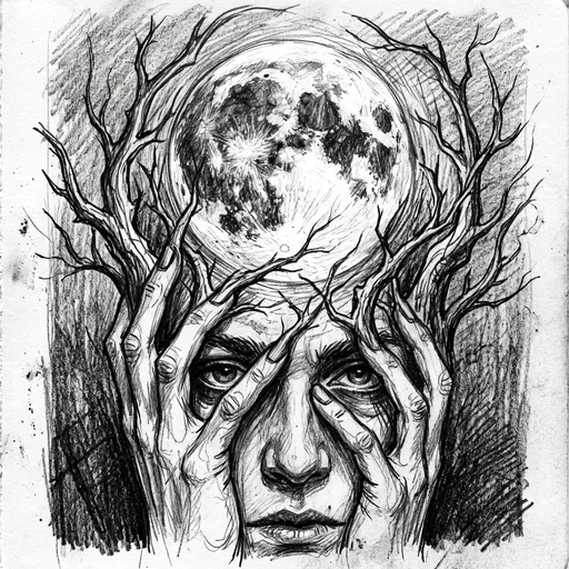 Charcoal Portrait With Branch Fingers and Moon