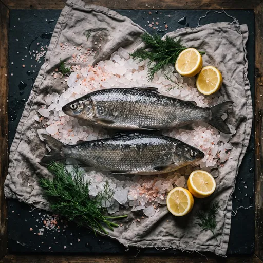 Fresh Whitefish on Crushed Ice Flat Lay