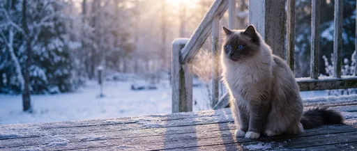 Birman Cat on Snowy Winter Porch