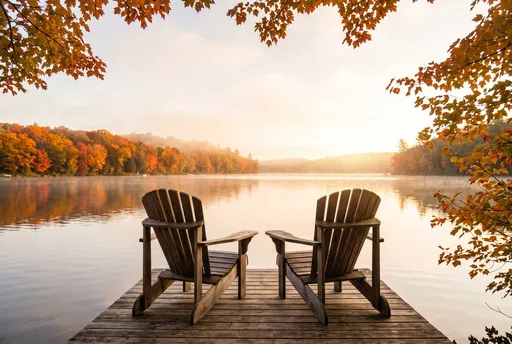 Two Adirondack Chairs on Autumn Lake Dock
