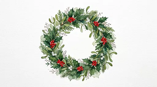 Watercolor Holly and Mistletoe Christmas Wreath