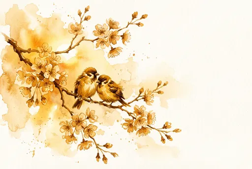Golden Watercolor Songbirds on Blossom Branch