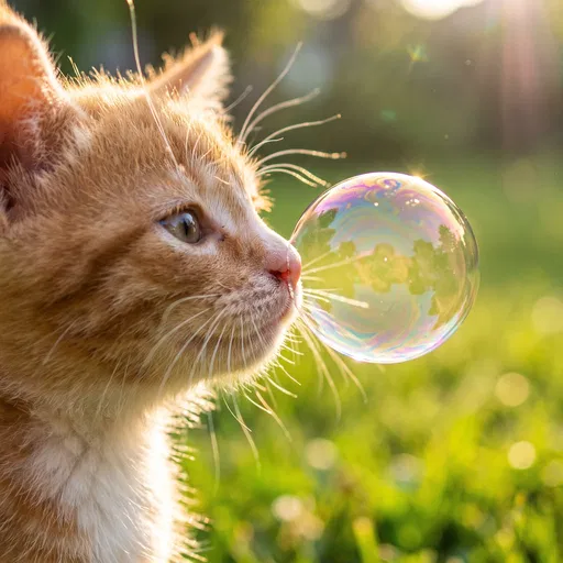 Ginger Kitten Touching Soap Bubble Outdoors