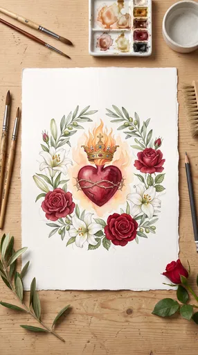 Sacred Heart Botanical Watercolor Flat Lay